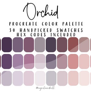 May include: A Procreate colour palette titled "Orchid" with 30 handpicked swatches. The colour swatches are arranged in three rows, featuring shades of purple, pink, and neutral tones. Text includes "HEX codes included."