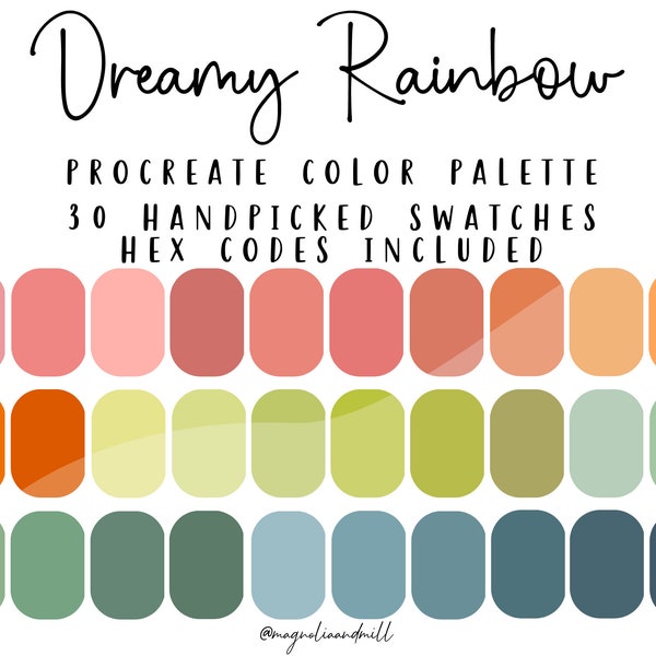 Dreamy Rainbow Procreate Color Palette | 30 Color Swatches | Rainbow Color Palette | Canva Adobe Photoshop | HEX Codes | Graphic Design