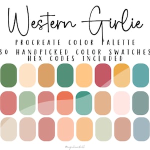May include: A digital color palette with 30 handpicked color swatches for Procreate. The palette features a variety of warm and earthy tones, including shades of red, orange, yellow, green, and brown. The text "Western Girlie" and "HEX CODES INCLUDED" is displayed at the top of the image.
