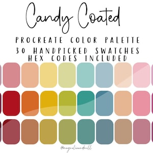 May include: A Procreate color palette titled "Candy Coated" with 30 handpicked color swatches. The swatches are arranged in three rows of ten, featuring a variety of pastel and vibrant colors. The text "HEX CODES INCLUDED" is also present.