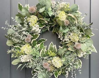 Meadow Greens | Spring Summer greenery, white flowers, berries and thistle | Summer eucalyptus gypsophila front door wreath | Faux decor UK