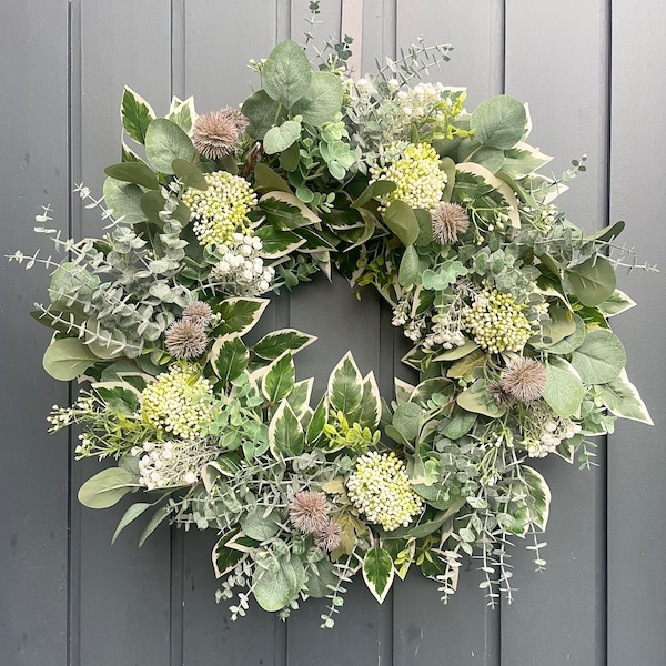 Meadow Greens | Spring Summer greenery, white flowers, berries and thistle | Summer eucalyptus gypsophila front door wreath | Faux decor UK
