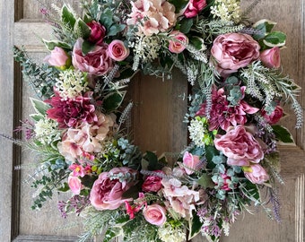 Spring beauty wreath | pink peony tulip hydrangea floral wreath | Front door wreath Uk | Spring summer bright flower | Housewarming gift