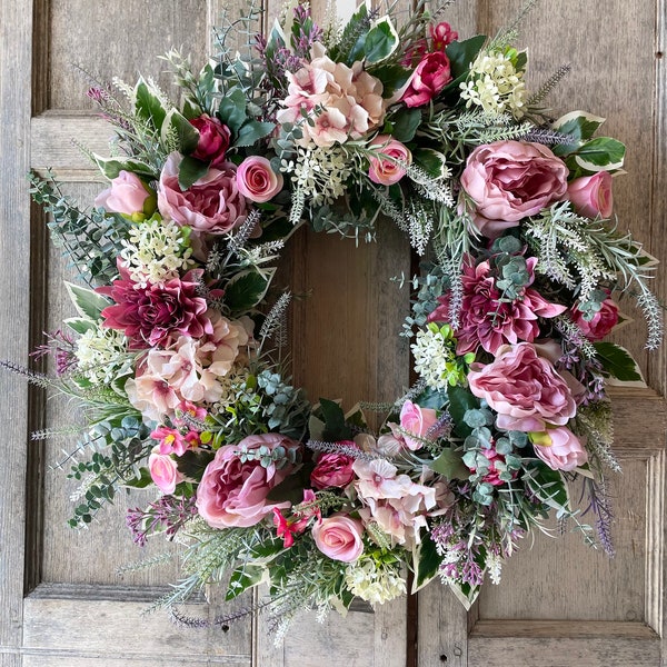 Spring beauty wreath | pink peony tulip hydrangea floral wreath | Front door wreath Uk | Spring summer bright flower | Housewarming gift