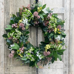 Summer meadow wreath Pink lemon white floral wreath Front door wreath Uk Spring summer bright flower wreath Housewarming gift wreath image 1