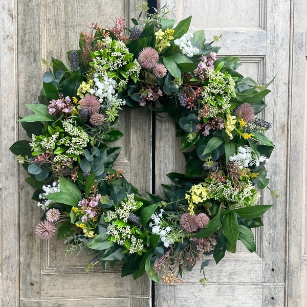 Summer meadow wreath | Pink lemon white floral wreath | Front door wreath Uk | Spring summer bright flower wreath | Housewarming gift wreath