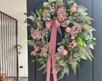 Spring dusky pink meadow wreath with velvet bow | Pink floral wreath | Front door wreath Uk | Summer flower wreath 50cm | Housewarming gift