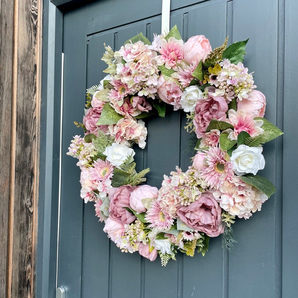 Summer blooming wreath | Pink and white floral wreath | Front door wreath Uk | Spring summer flower wreath | Housewarming gift wreath