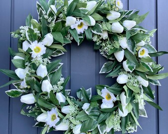 Ivory tulip and foliage wreath | Spring Summer greenery, white flowers | Summer neutral front door wreath | Faux decor UK