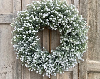 White gypsophila door wreath | Faux 40cm | Baby’s breath wreath | Artificial UK | Ladies birthday gift | Neutral door decor