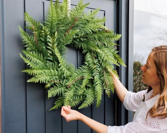 Faux large fern front door wreath | Spring Summer greenery wreath | Artificial green foliage hanger | Faux decor UK