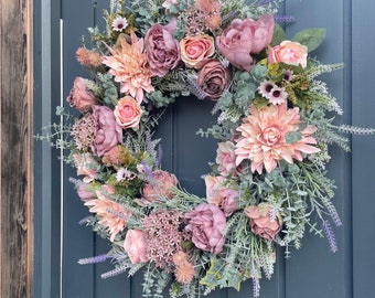 Summer sunrise wreath | Muted pink, mauve & purple floral wreath | Front door wreath Uk | Spring summer dusky flower | Housewarming gift