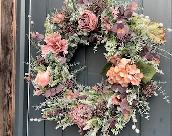 Wild mauves wreath | Muted pink & purpl floral wreath | Front door wreath Uk | Spring summer dusky flower wreath | Housewarming gift wreath