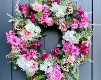 Blossoming bright wreath for front door | Pink cherry blossom hydrangea wreath | Uk | Spring summer cerise flower wreath | Housewarming gift