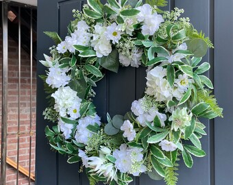 Summer Greens | Spring Summer greenery, white flowers | Summer eucalyptus hydrangea cherry blossom front door wreath | Faux decor UK