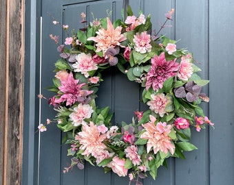 Summer dahlia wreath | Spring dusky Pink floral wreath | Front door wreath Uk | Muted pink flowers 55cm | Housewarming gift wreath