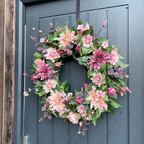 Summer dahlia wreath | Spring dusky Pink floral wreath | Front door wreath Uk | Muted pink flowers 55cm | Housewarming gift wreath