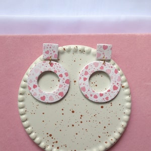 polymer clay pink heart pattern circle dangle earring