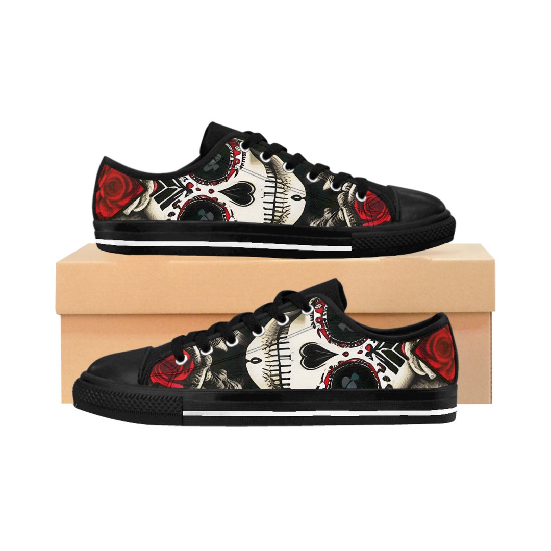 Skeleton Floral Rose Sugar Skull Girly Pattern Print Black Sneaker Shoes For Men Women main image 1
