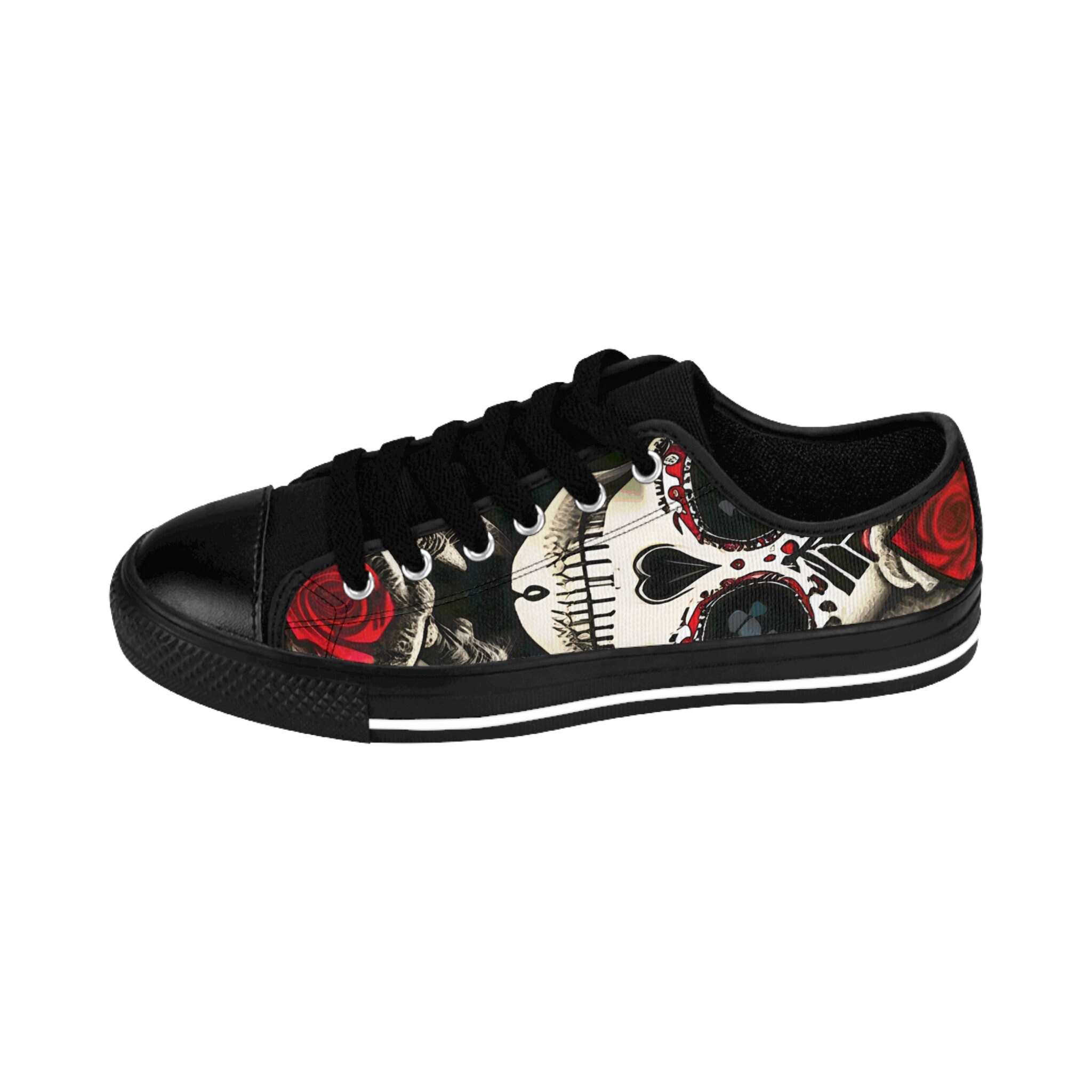 Skeleton Floral Rose Sugar Skull Girly Pattern Print Black Sneaker Shoes For Men Women
