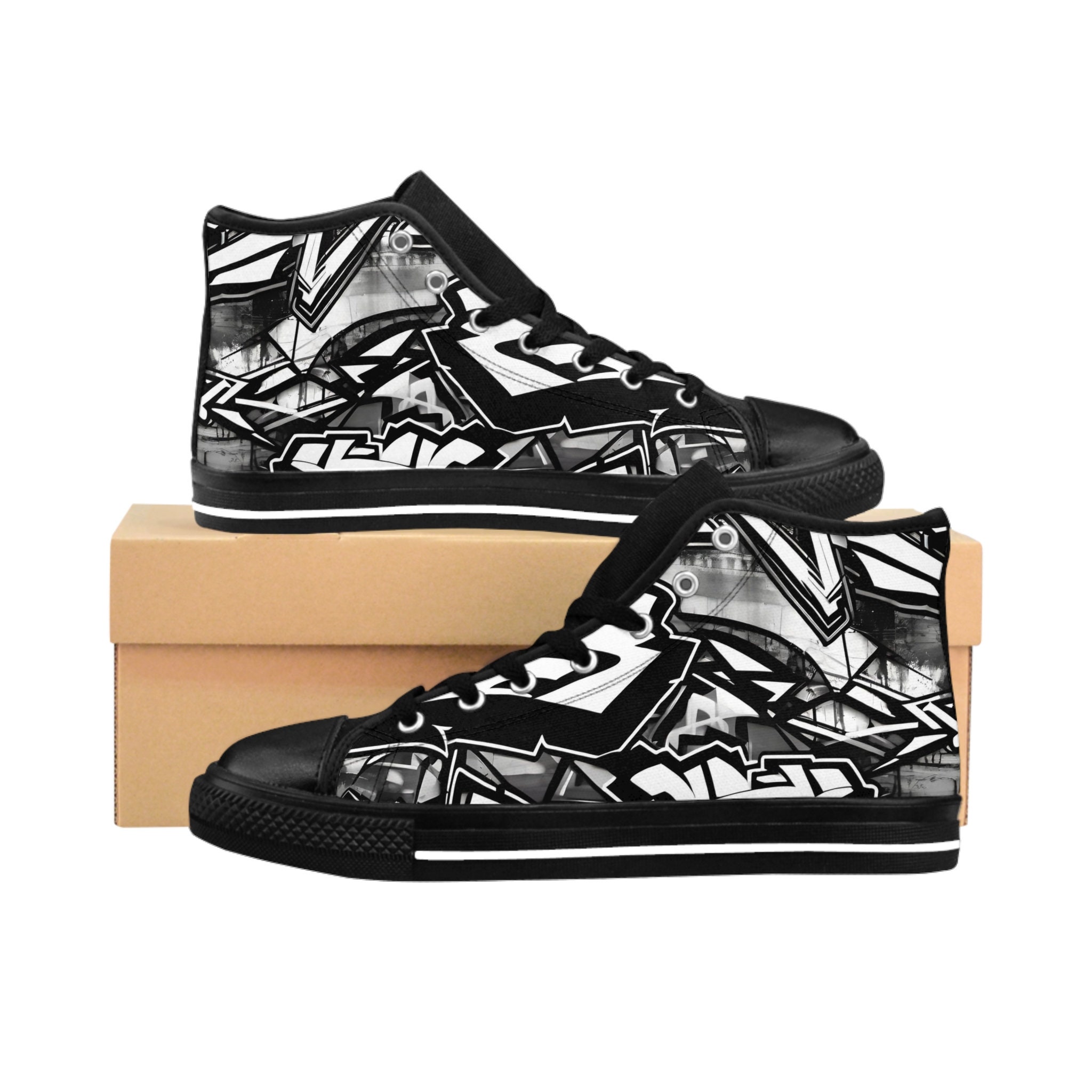 Black And White Graffiti Doodle Text Print Men's Slip On Sneakers