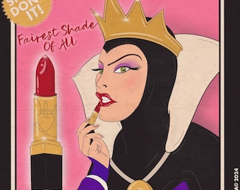 The Fairest Shade of All - glansprint | digitale illustratie | grafisch ontwerp | Boze Koningin | Esthetiek uit de jaren 80 | Sneeuwwitje | Disney-schurken