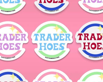 Trader Hoes - vinylsticker | boerenmarkt | laptopsticker | draagtassen | pastelkleuren | spruiten | traditionele vrouw | mobiele telefoonstickers