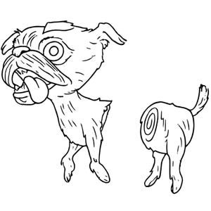 Puede incluir: Ilustración de dibujos animados en blanco y negro de un perro con una cabeza grande y la lengua afuera. El cuerpo del perro está separado en dos partes. La cabeza del perro tiene un ojo grande y un bigote.