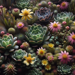 May include: A close-up of a variety of succulents and flowers in shades of pink, green, and yellow. The succulents are arranged in a cluster, with the flowers scattered throughout. The image is a beautiful example of the diversity of succulents and flowers.