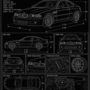 May include: Black and white schematic of a BMW E46 M3 coupe, featuring multiple views including side, front, rear, and top. Dimensions are in millimeters, with the car's length at 176.7 inches. Specifications include engine, power, and weight.