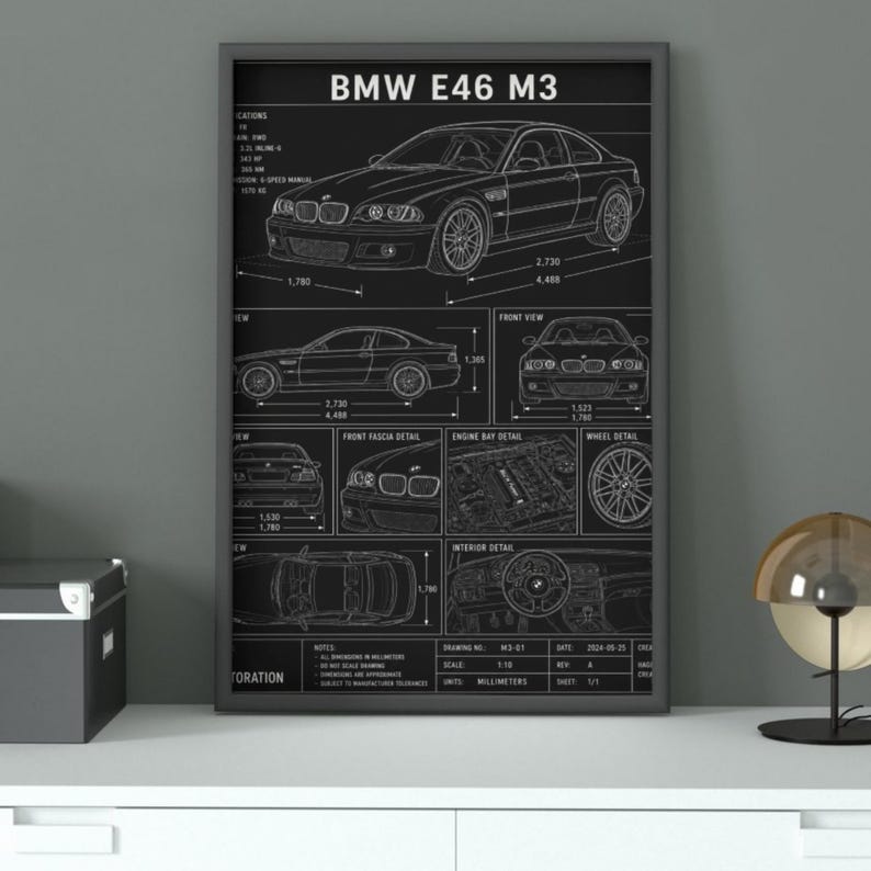 BMW E46 M3 Blueprint Poster, Dark Blue Automotive Wall Art - Etsy Canada