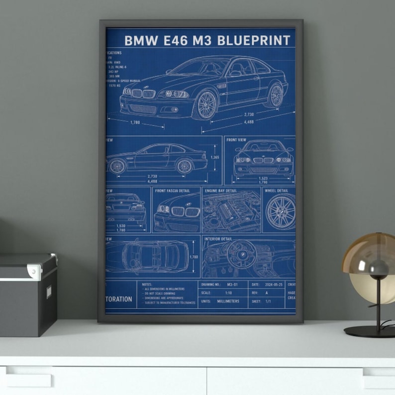 BMW E46 M3 Blueprint Poster, Dark Blue Automotive Wall Art - Etsy Canada