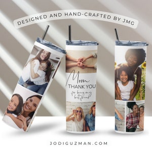 Custom Minimalist Tumbler for MOM, Photo Collage Design, Customizable Greeting, Gift Box & Tulle Bow Included, Tight Grip Lid and Straw