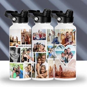 May include: White water bottles with black lids, featuring collages of family photos. The text "Family is Forever" is printed on the bottles. The bottles are designed for carrying water or other beverages.