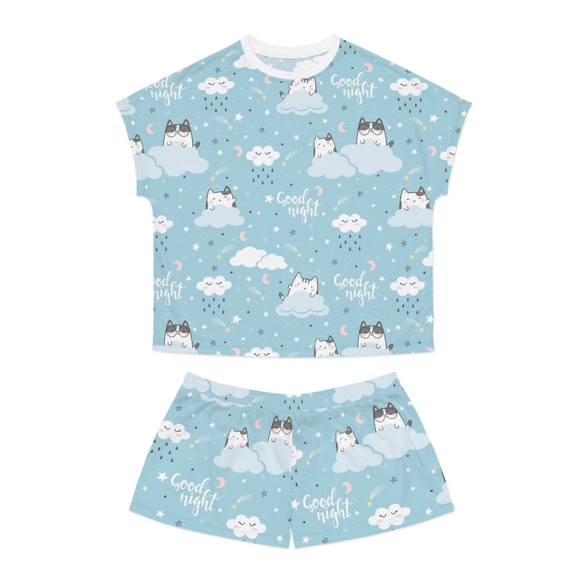 Good Night Kawaii Cat Pajamas Set, Women Sleepwear