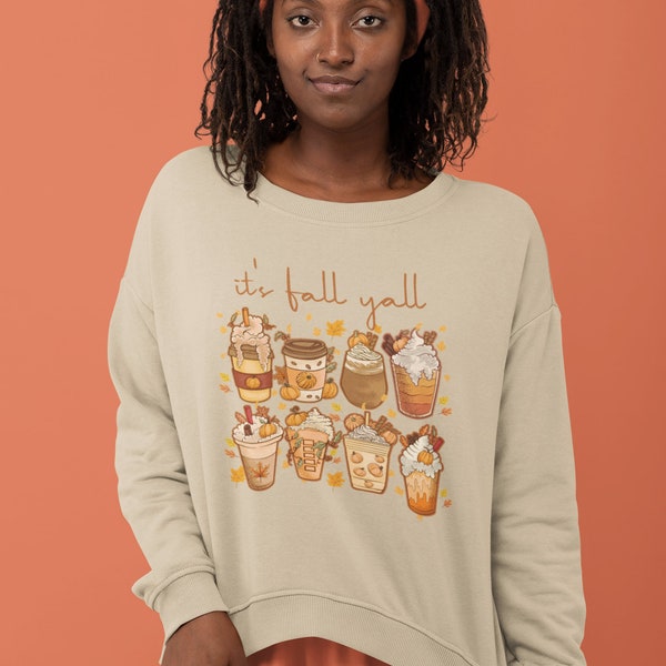 It's Fall Y'all Coffee Drinks Artwork Unisex Heavy Blend Crewneck Sweatshirt Without Side Seams Ribbed Knit Collar with seam Loose Fit