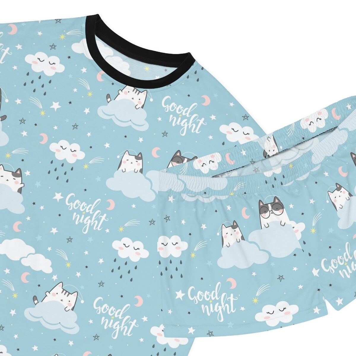 Good Night Kawaii Cat Pajamas Set, Women Sleepwear