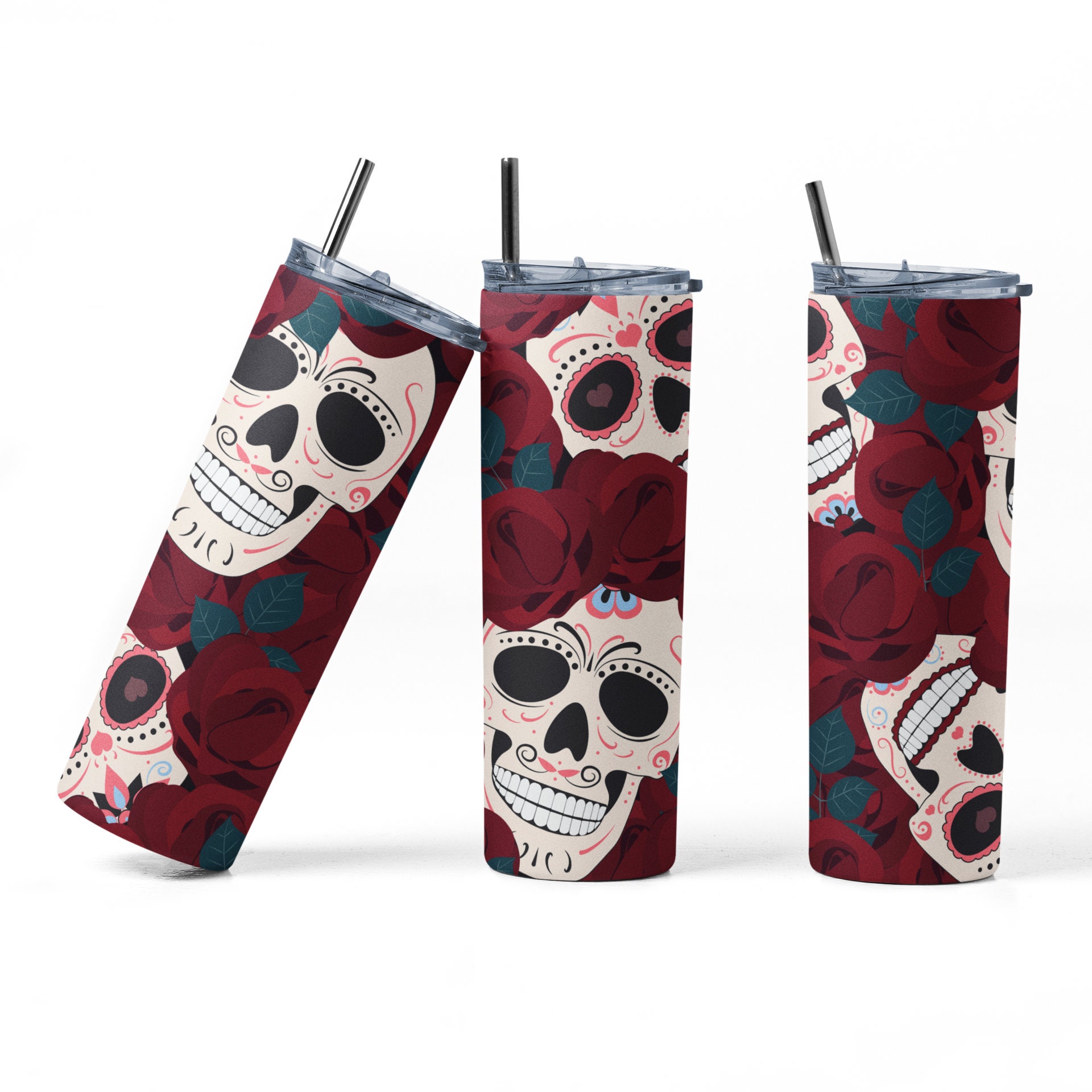 Sugar Skull Custom Skull Sublimation Tumbler 20oz. Tight Grip Lid, Sweat Proof Stays Cold, Comes with A Peek a boo Gift Box