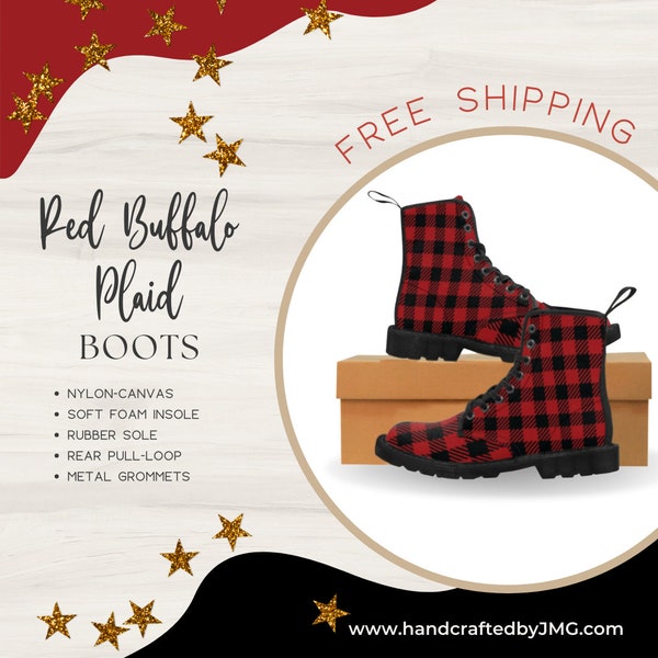 Women's Custom Lace-Up Red Buffalo Plaid Print Canvas Boots, Casual Holiday Boots, High Top All Over Print Holiday Boots, Festival Boots