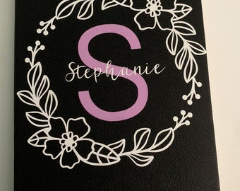 Personalized Black Leather Journal: Floral Monogram Notebook