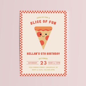 May include: A birthday invitation with a cream background and a red checkered border. The invitation features a smiling pizza slice graphic and text that reads "Join us for a Slice of Fun" and "Kellan's 5th Birthday". The date is October 23rd.