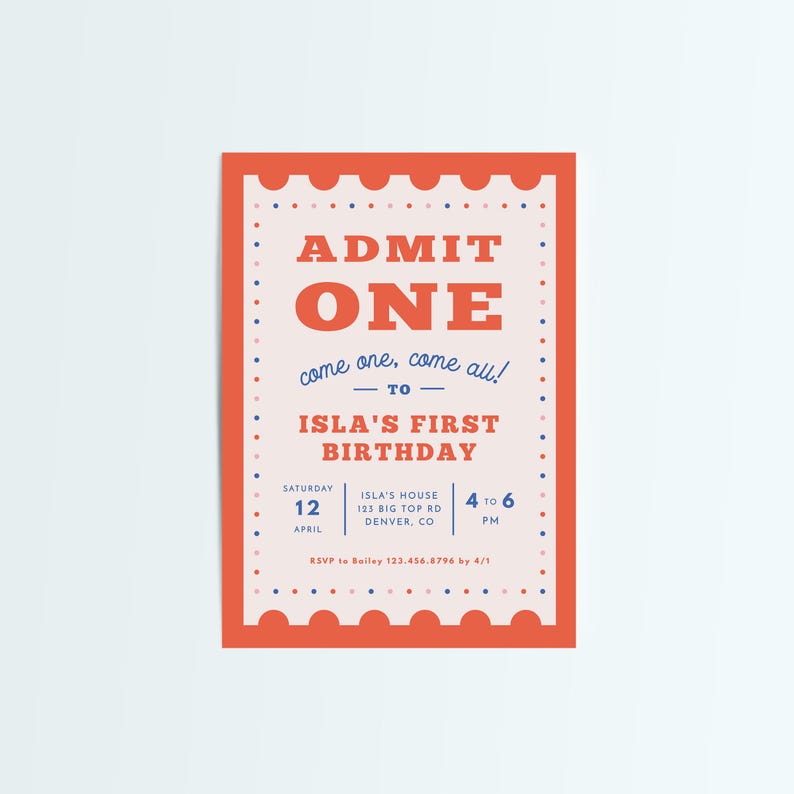 Circus First Birthday Invitation: Admit One Ticket (digital Download ...