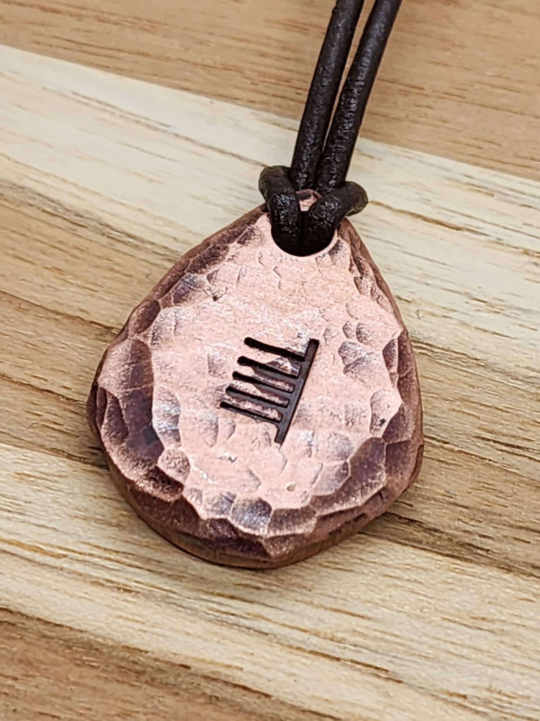 Hammered Copper Pendant and Necklace in Wood Grain Styling with Sheen