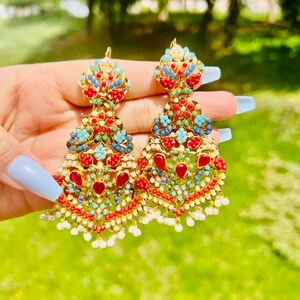 Multicolor red stone Earring/ Pakistani jhumkas / Indian Bollywood style/wedding jewelry/