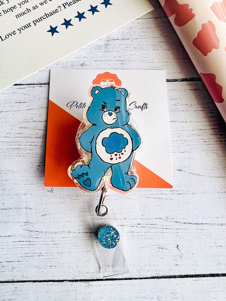 Grumpy Bear Badge Reel , Blue bear, free shipping image 1