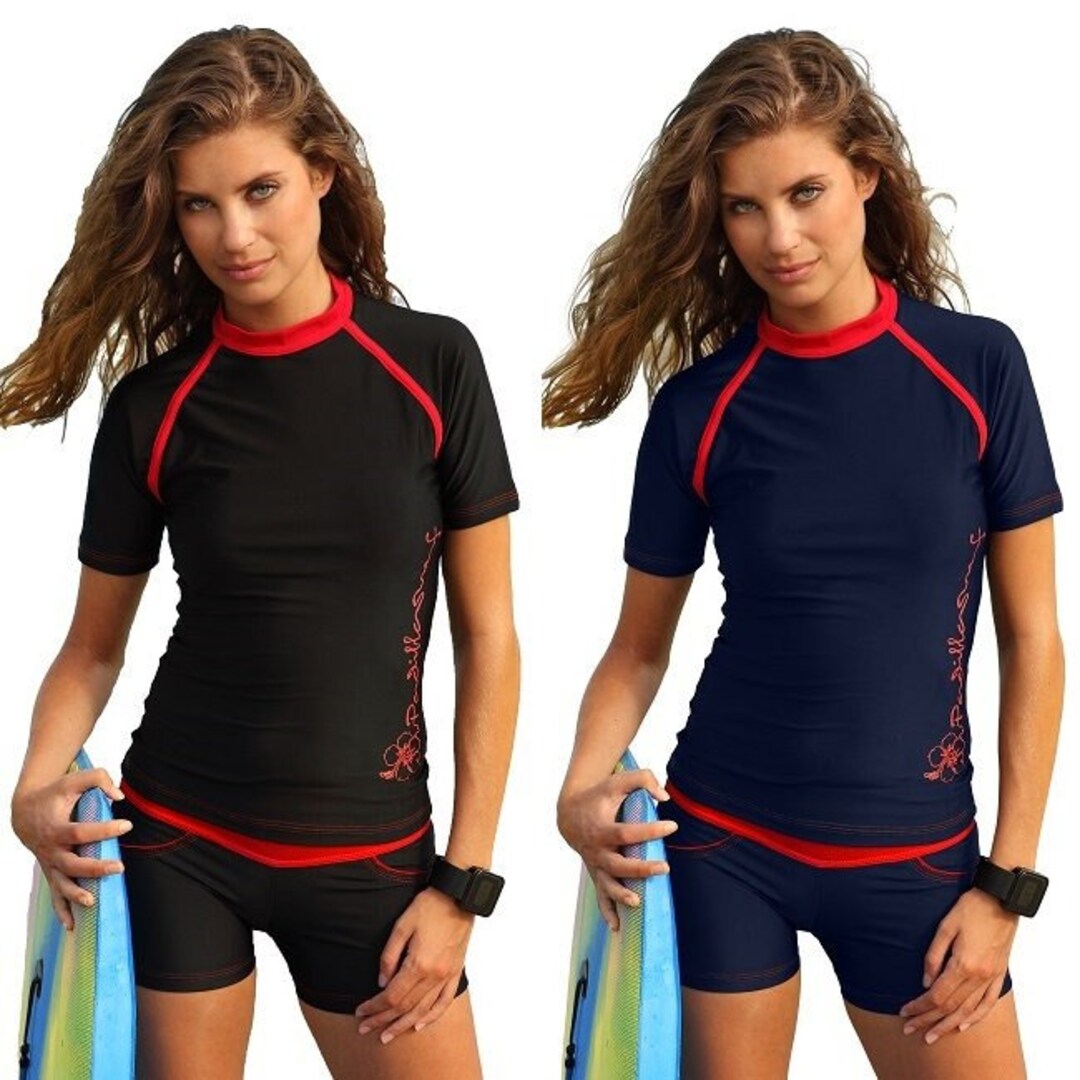 Women Rash Vest Two Piece Swimsuits Black Bathing Suits Ladies Swimwear