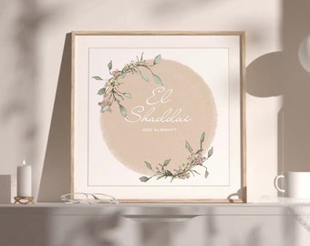 May include: A beige and white print with a floral wreath around a circle with the text "El Shaddai God Almighty".