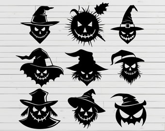 Halloween Scarecrow Faces Bundle - 9 Spooky Poses - SVG Cut File - Digital Download