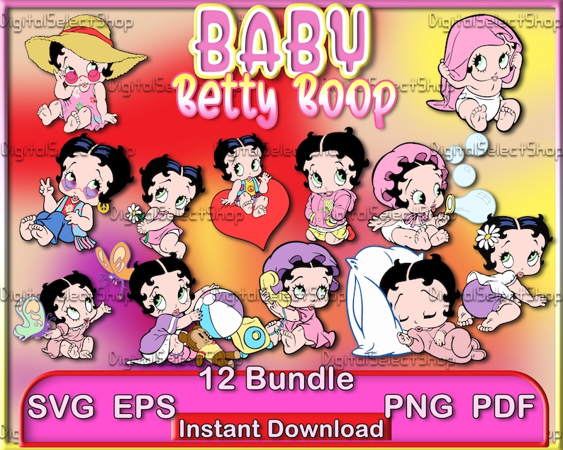 May include: A set of 12 digital illustrations featuring Baby Betty Boop in various poses. The illustrations are in a cartoon style and feature Baby Betty Boop wearing different outfits and accessories. The illustrations are perfect for use in scrapbooking, card making, and other craft projects.