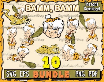 Feuerstein-Svg-Bundle, Bamm Bamm, SVG-Pack, Geschichtet, PNG, PDF, EPS, Dateien für Cricut, SVG-Bundle, Cricut Schnitt, niedlich, Flintstones Pack